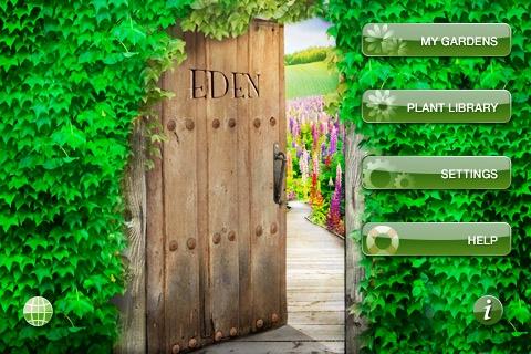 Eden Garden Designer home screen with a wooden garden door and the My Gardens, Plant Library, Settings and Help menu