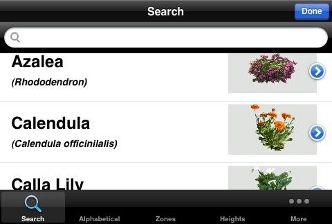 Plant library search listing Azalea, Calendula and Calla Lily