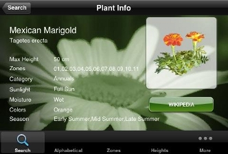 Plant info card for Mexican Marigold showing height, zones, sunlight, moisture, colors and season